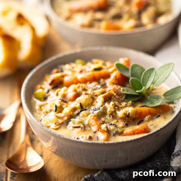 Chicken and wild rice soup served in a stoneware bowl with fresh sage.