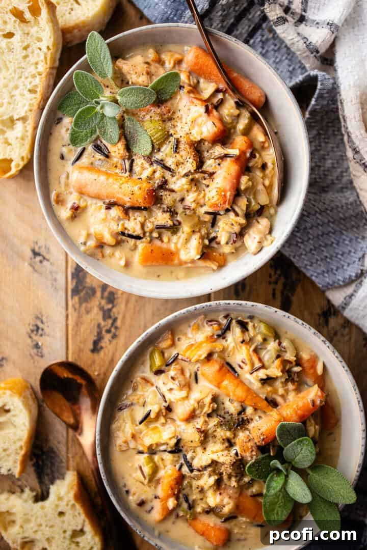 Two bowls of creamy chicken and wild rice soup served on a distressed wooden tabletop.