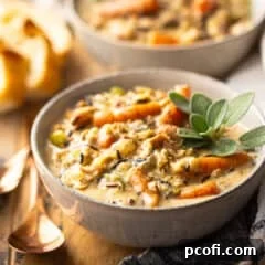 Chicken and wild rice soup served in a stoneware bowl with fresh sage.