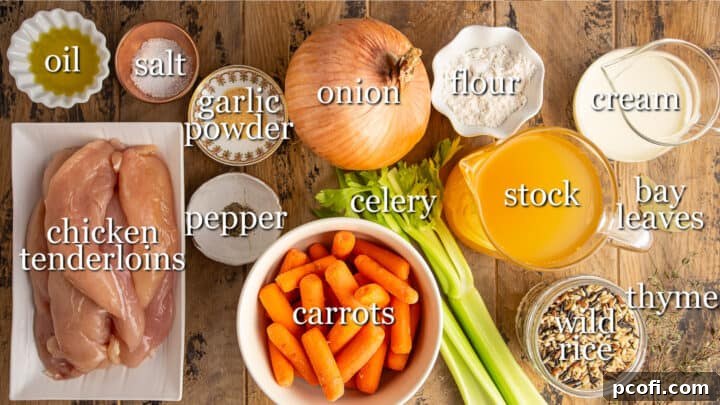 Ingredients for making chicken and wild rice soup, with text labels.