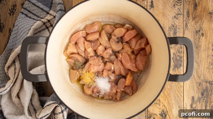 Searing bite-sized pieces of chicken with seasonings in a large pot.