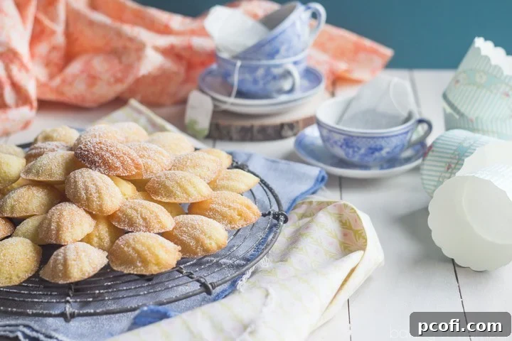 A stack of perfectly golden orange blossom madeleines on a cooling rack, with more pastries blurred in the background, hinting at abundance.