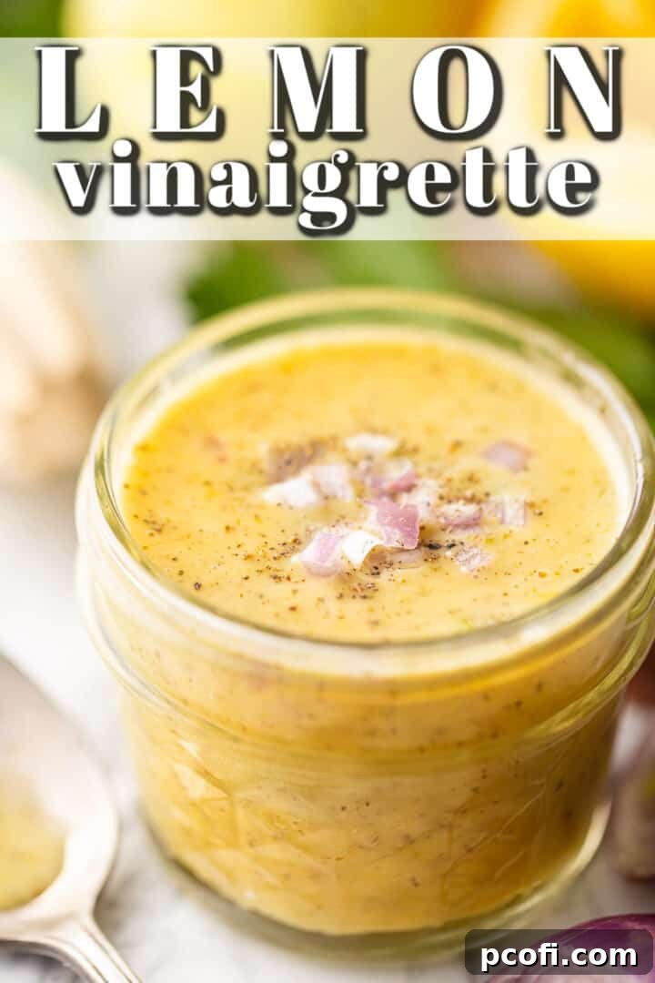 Lemon vinaigrette recipe, prepared and displayed in a glass jar, ready for use.