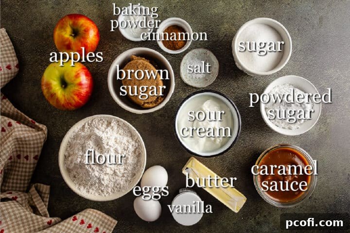 All the necessary ingredients for crafting a delicious apple bread recipe, meticulously arranged and labeled.