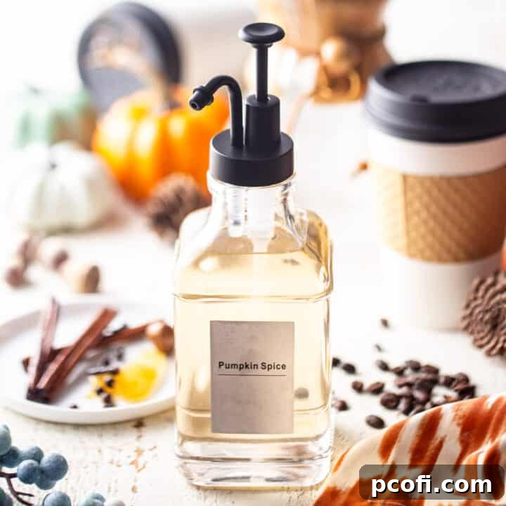 Pumpkin spice syrup in a glass pump bottle.