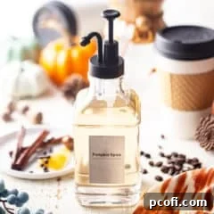 Pumpkin spice syrup in a glass pump bottle.