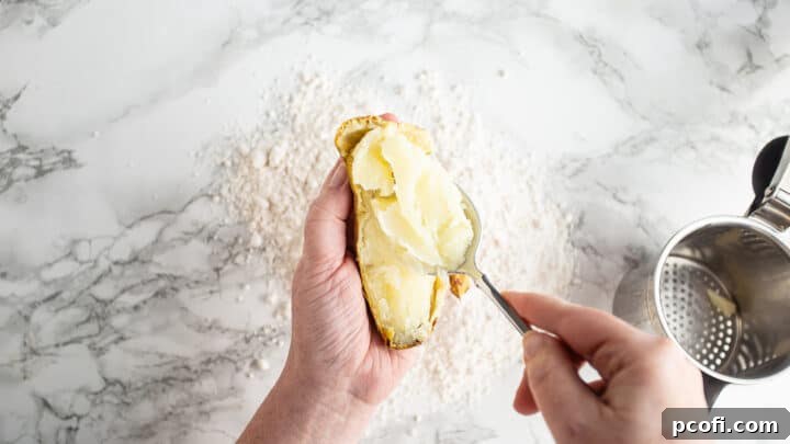 Scooping the fluffy flesh out of a freshly baked russet potato, preparing it for making light and airy gnocchi dough.