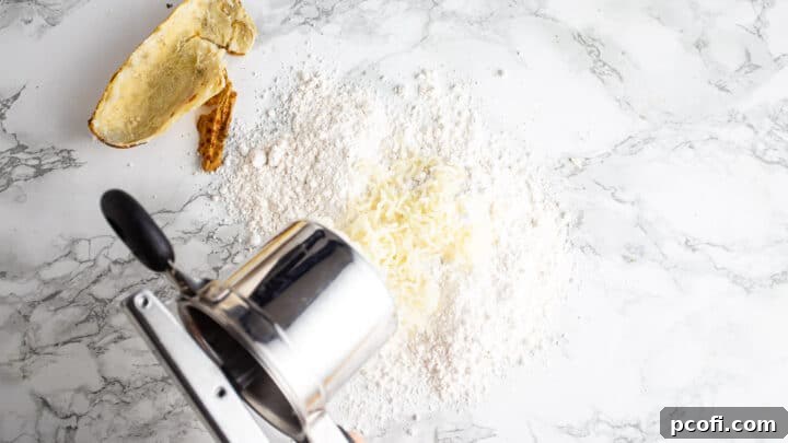 Ricing perfectly baked potatoes directly over a bed of flour on a wooden board, a key step for creating light and fluffy gnocchi dough.