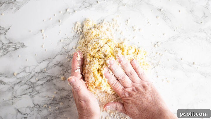Lightly kneading homemade gnocchi dough into a smooth ball, ensuring a tender texture by avoiding overworking the gluten.