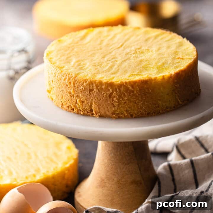 Classic Genoise cake displayed elegantly on a marble pedestal, promising a light and airy texture.