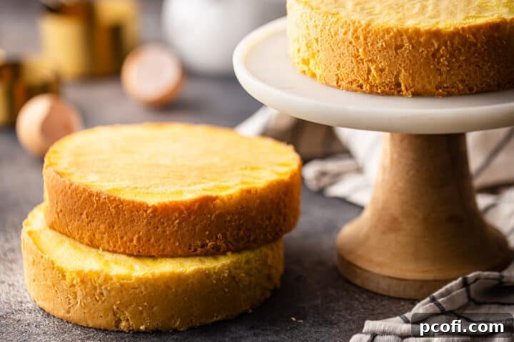 Beautifully stacked layers of Genoise sponge cake, ready for frosting and assembly, on a dark background.