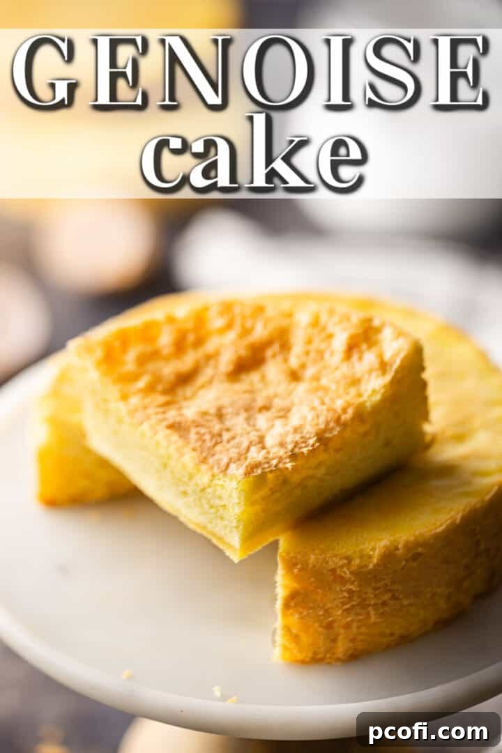 A slice of Genoise cake on a pedestal, revealing its beautifully airy and tender interior, demonstrating the perfect sponge cake texture.