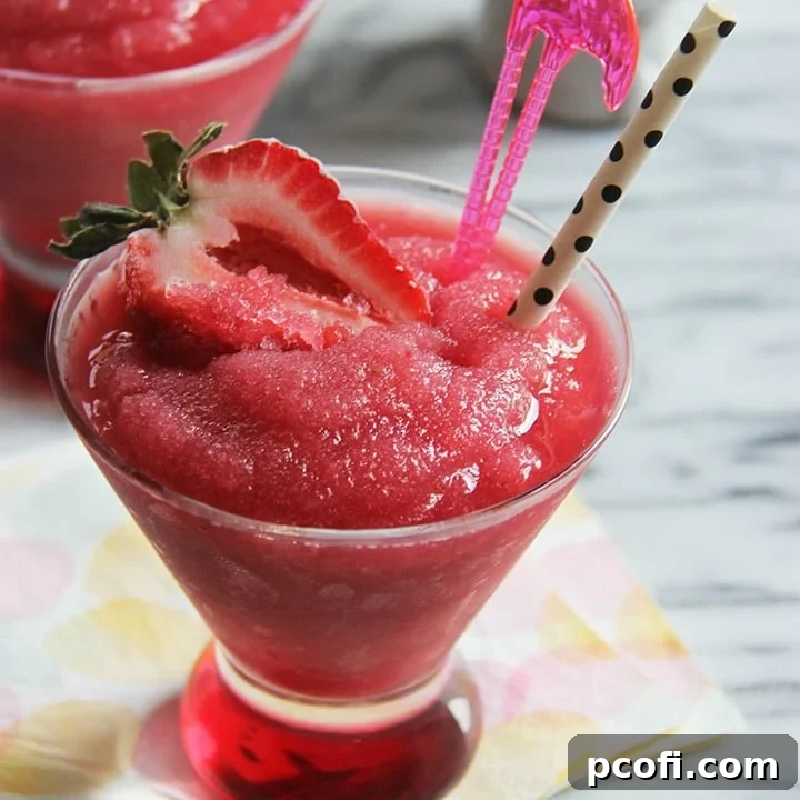 Strawberry Moscato Slush, a vibrant and refreshing summer cocktail made with fresh strawberries and sweet Moscato wine.