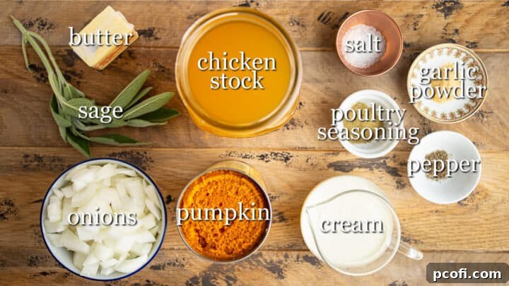 Carefully arranged ingredients for making a rich and creamy pumpkin soup, featuring labels for easy identification.