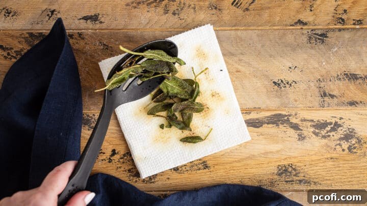 Crispy fried sage leaves carefully drained on paper towels, ready as a flavorful garnish for pumpkin soup.