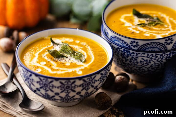 Three small blue bowls filled with creamy pumpkin soup, elegantly garnished with crispy sage leaves, ready for serving.