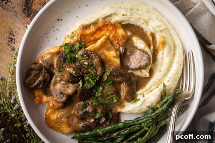 Chicken and mushroom recipes prepared and served on a distressed wooden tabletop.