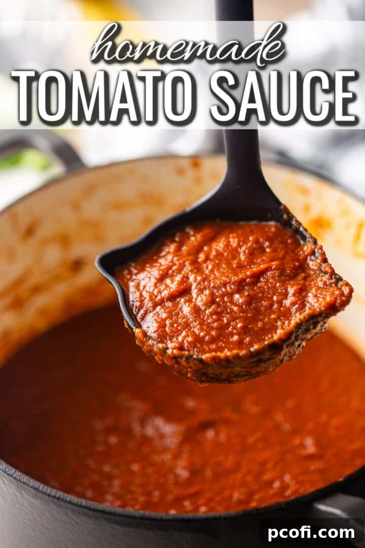 Serving homemade tomato sauce recipe with a ladle.