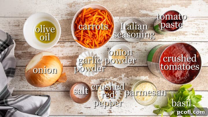 Various ingredients for tomato sauce laid out with text labels.