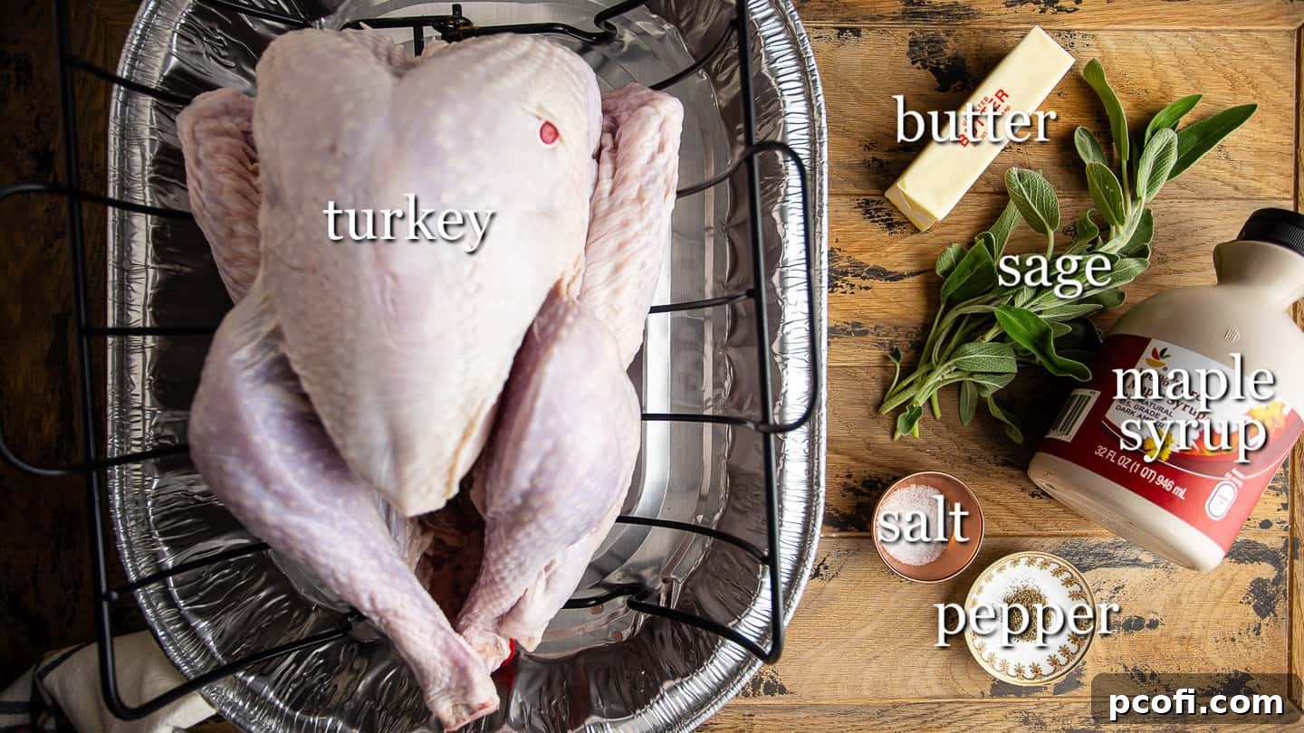 Ingredients for making Thanksgiving turkey, with text labels.