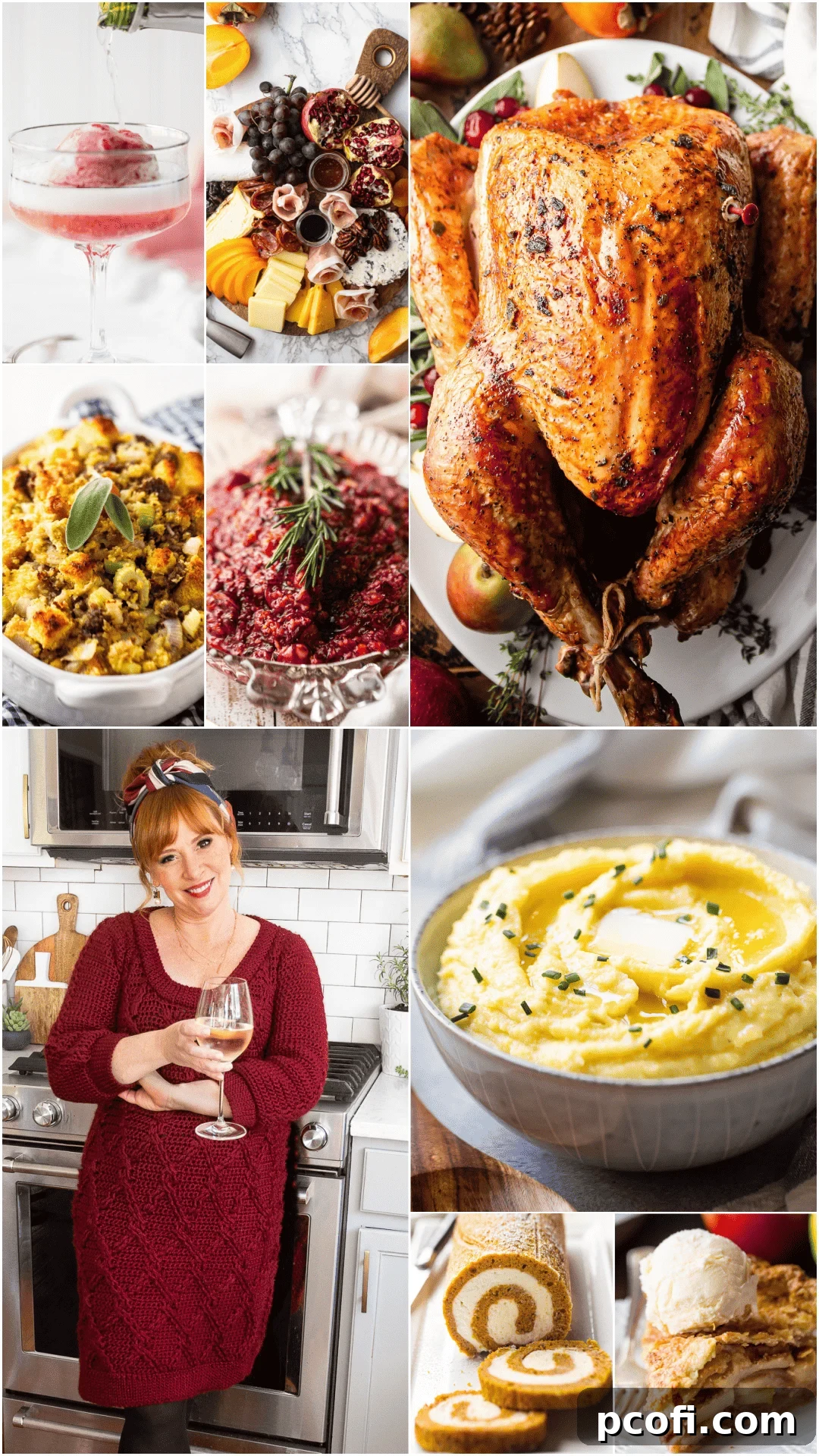 Vertical image collage showcasing a variety of delicious holiday food items, including festive desserts and savory dishes, with Allie from Baking a Moment