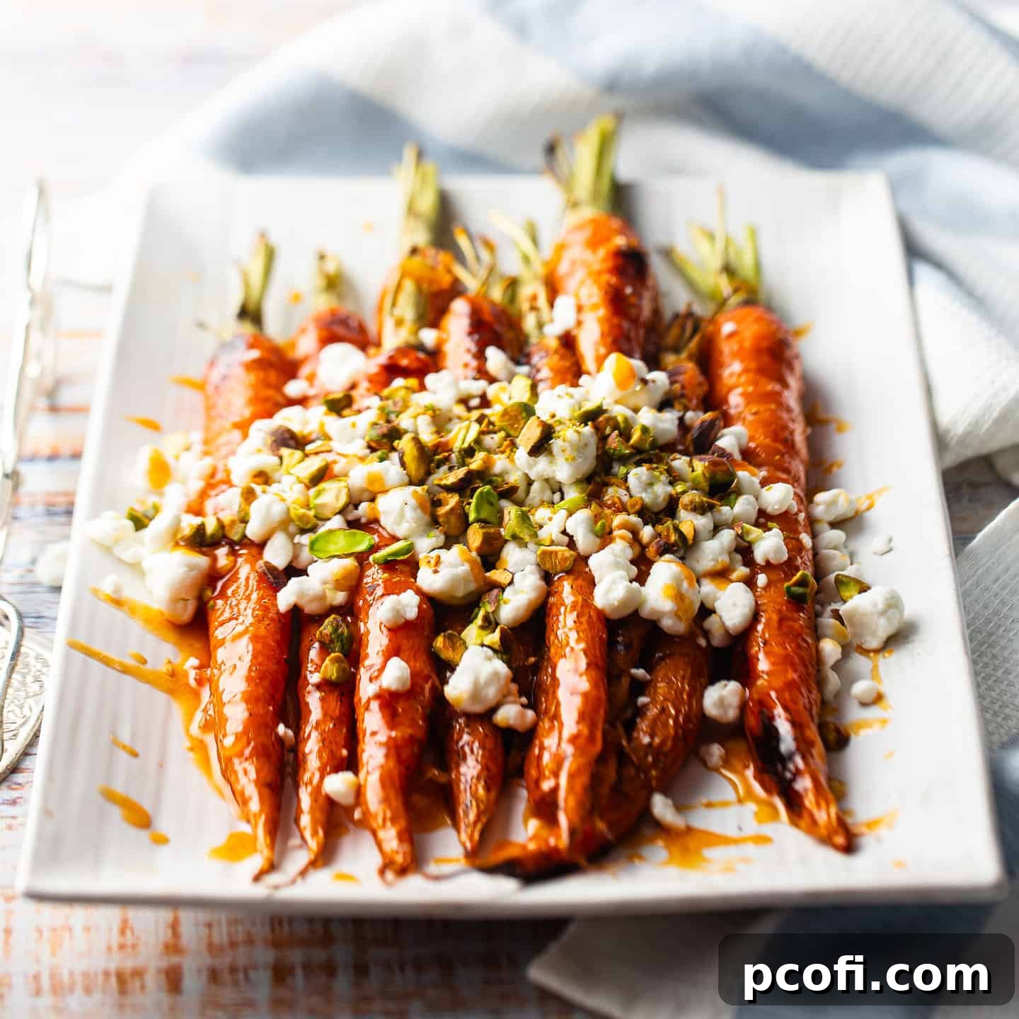 Glazed carrots on a rectangular white serving platter, garnished with goat cheese and pistachios.