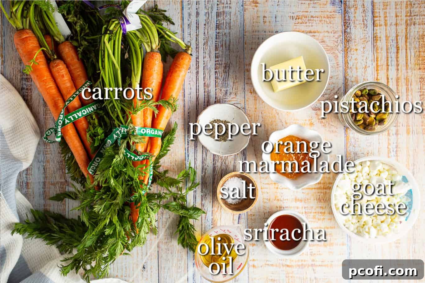 Ingredients for making glazed carrots, with text labels for each item.