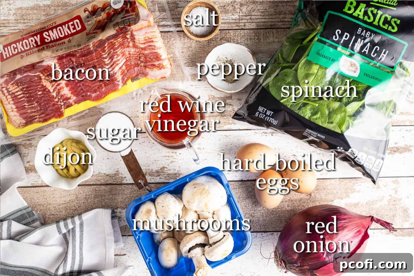 Ingredients for making spinach salad with warm bacon dressing, clearly labeled for convenience.