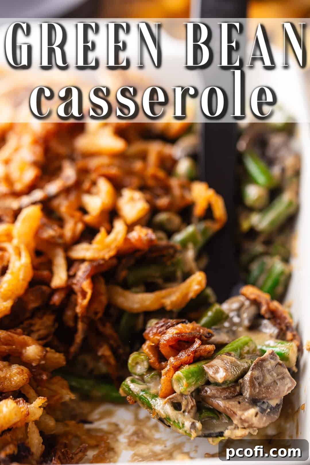 Better than Campbell's green bean casserole, made and served in a white ceramic baking dish.