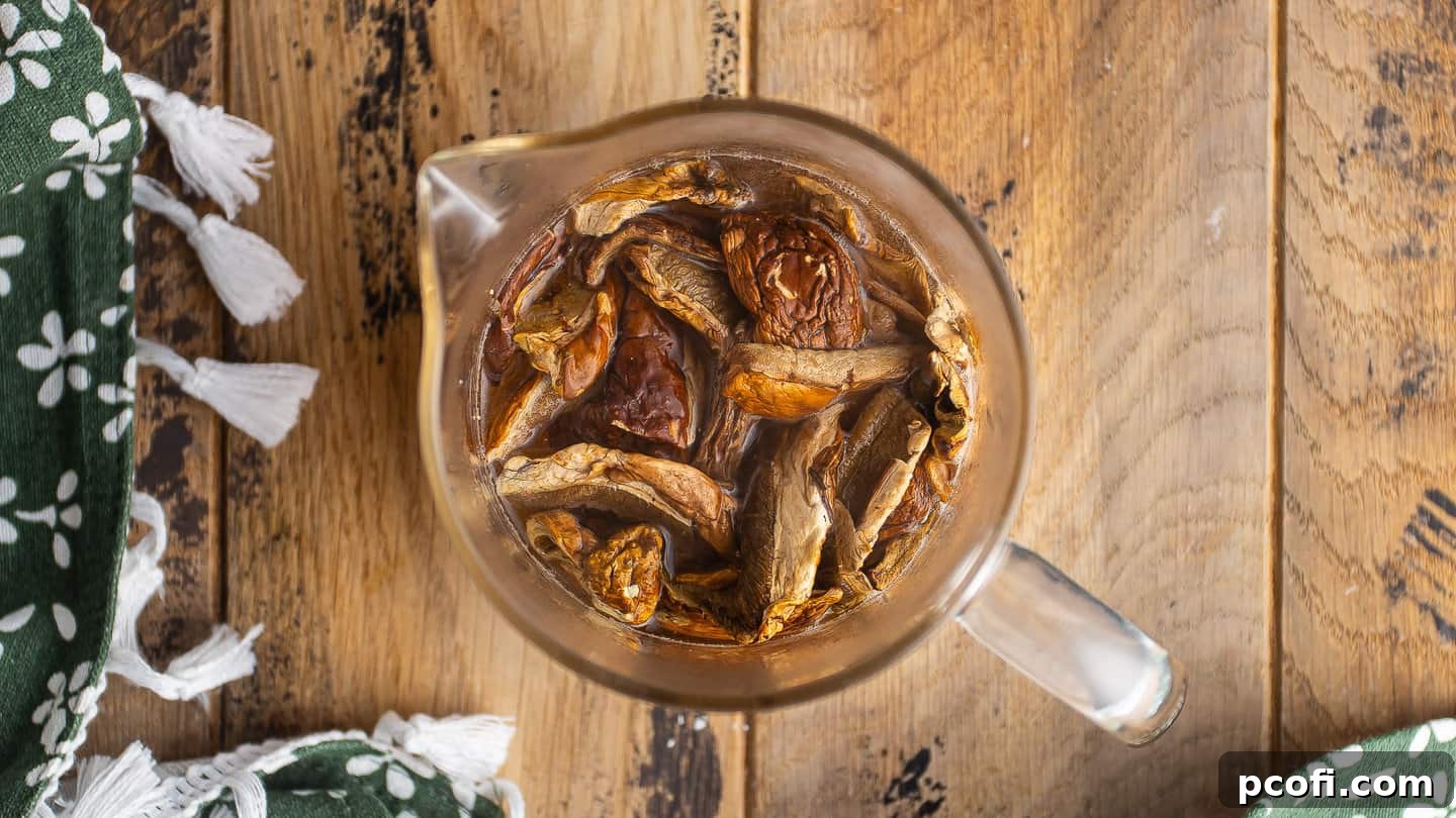 Soaking dried mushrooms in hot water.