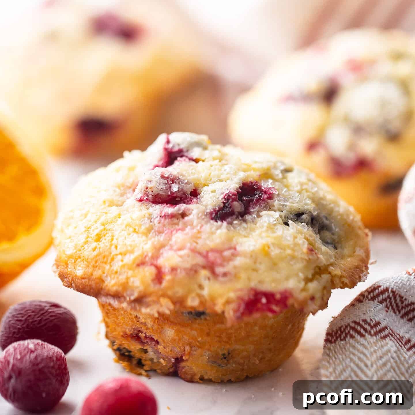 Tall, perfectly baked cranberry orange muffin on a marble background with fresh cranberries and orange zest, highlighting its moist interior.