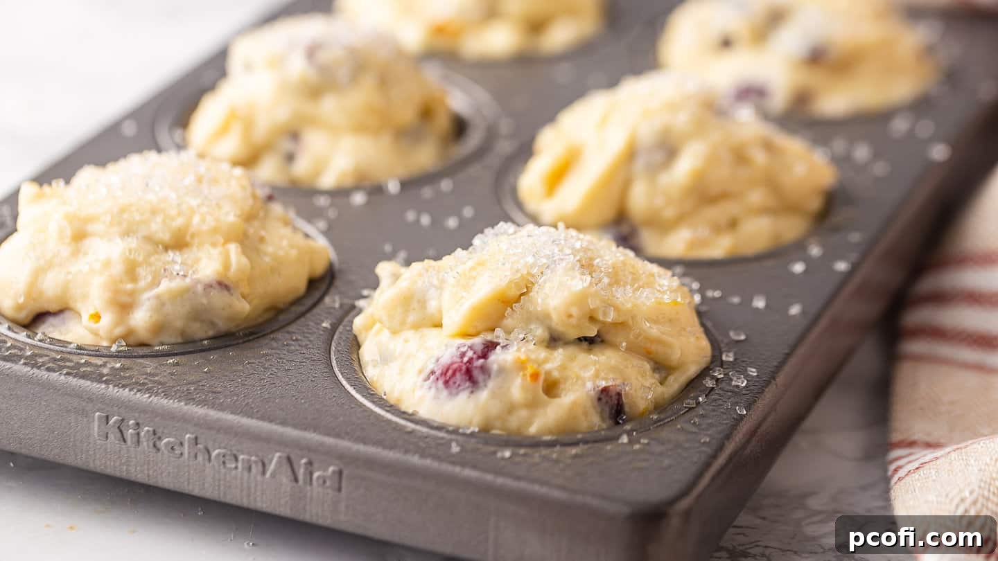 Unbaked cranberry orange muffins in a pan, generously sprinkled with coarse sparkling sugar for an added beautiful finish.