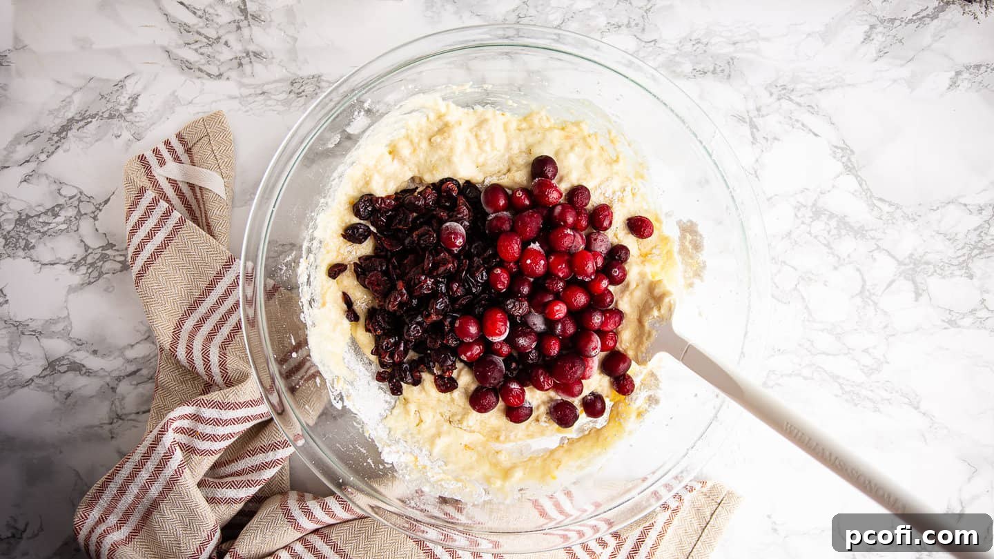 Fresh and dried cranberries being gently folded into the muffin batter, ensuring even distribution.