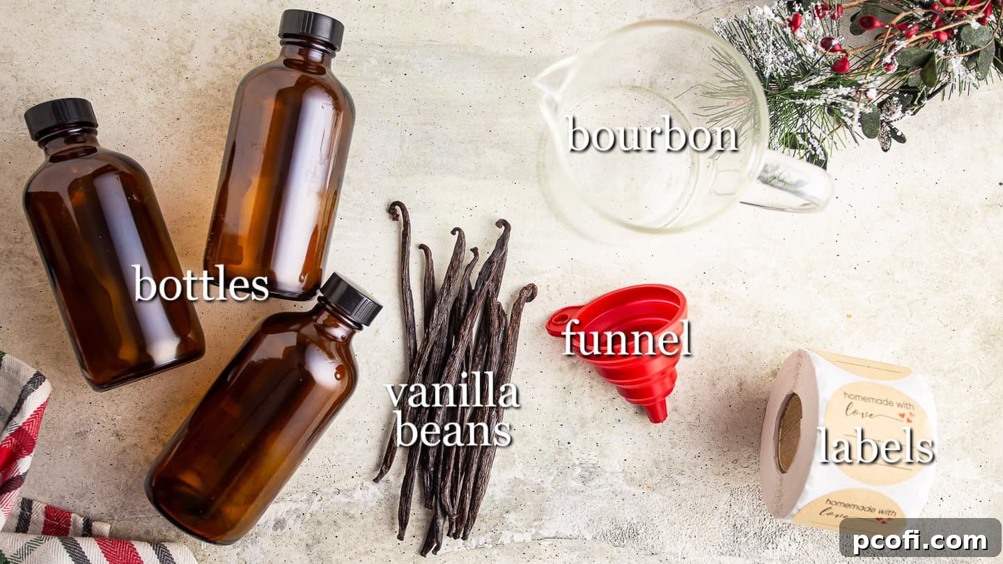 A curated display of ingredients and supplies including vanilla beans, bourbon whiskey, and empty amber glass bottles, essential for making homemade vanilla extract.