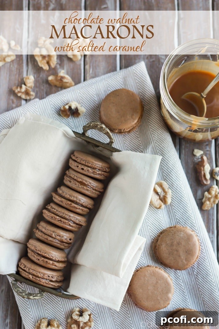 The best macarons I've made yet! Loved the walnut in the shells, and the buttery salted caramel balances out the sweetness. 