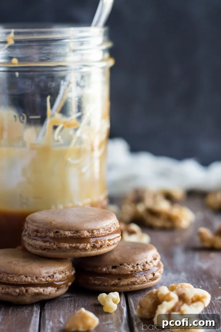 The best macarons I've made yet! Loved the walnut in the shells, and the buttery salted caramel balances out the sweetness. 