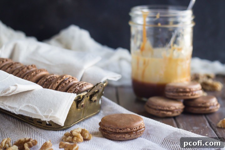 The best macarons I've made yet! Loved the walnut in the shells, and the buttery salted caramel balances out the sweetness. 