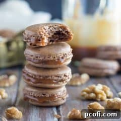 The best macarons I've made yet! Loved the walnut in the shells, and the buttery salted caramel balances out the sweetness.