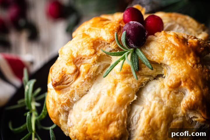 Close-up image of a perfectly baked brie appetizer, showcasing the delicate, flaky layers of the golden puff pastry.