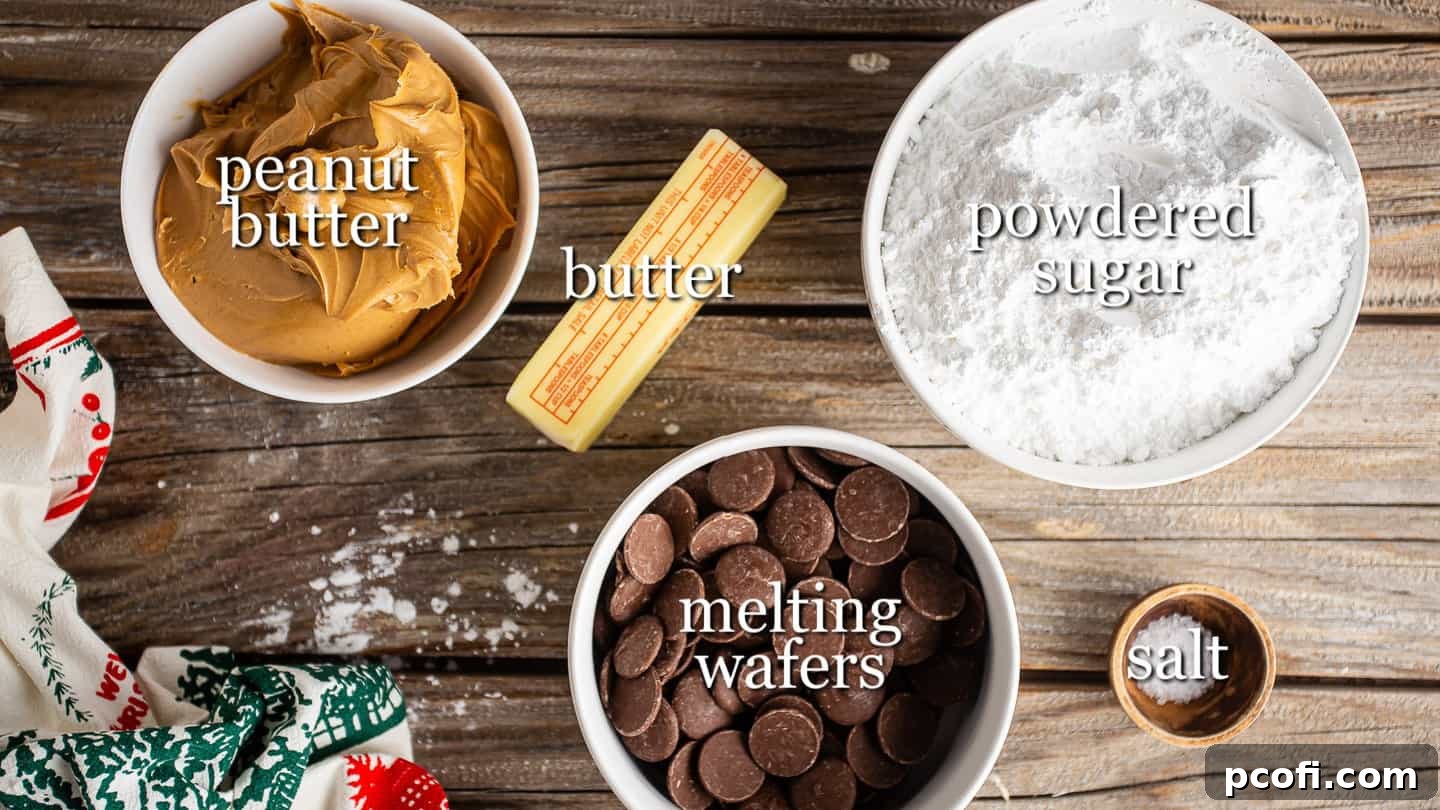 Ingredients for making buckeye candy, with text labels.