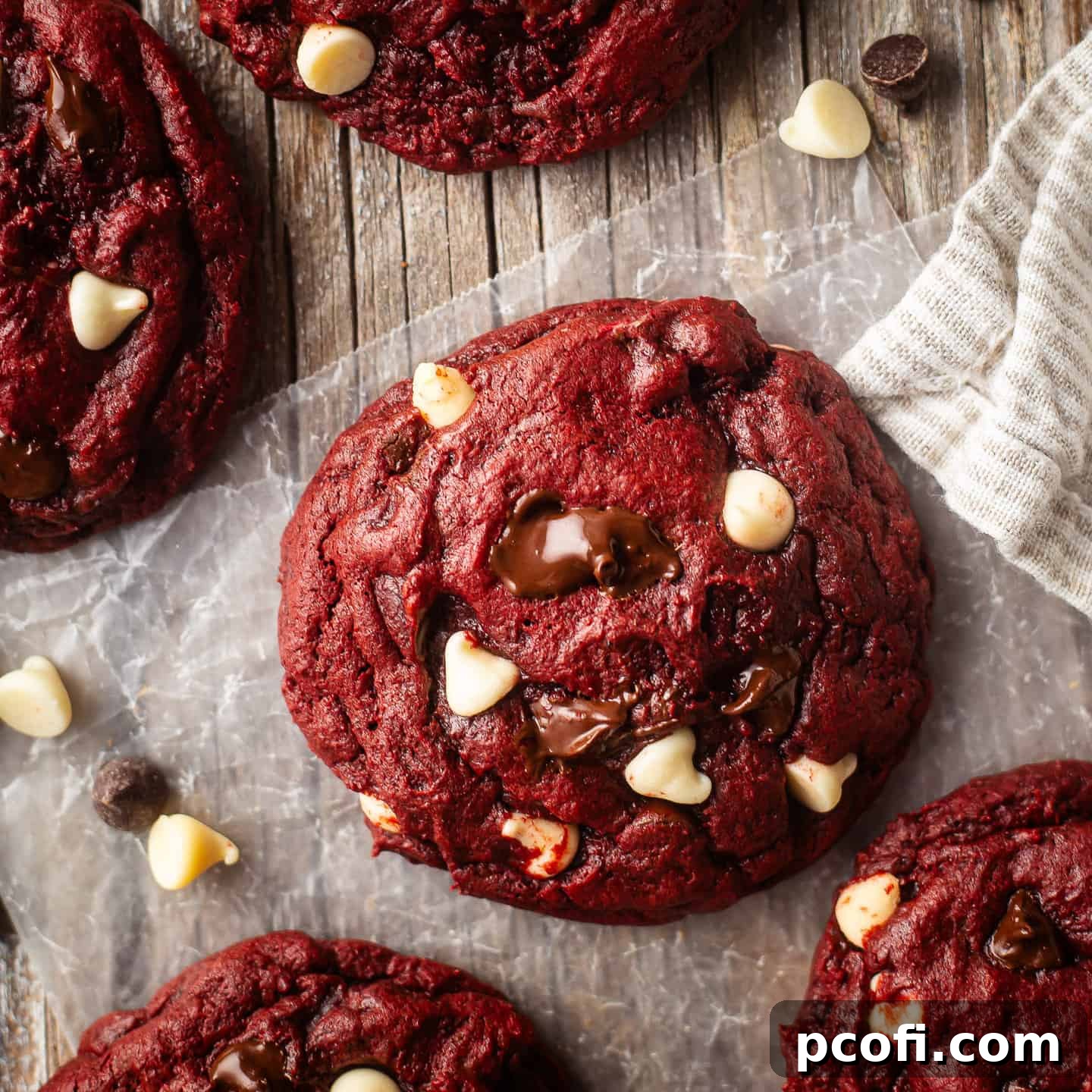 Gooey Red Velvet Chocolate Chip Cookies with white and dark chocolate chips, fresh from the oven.