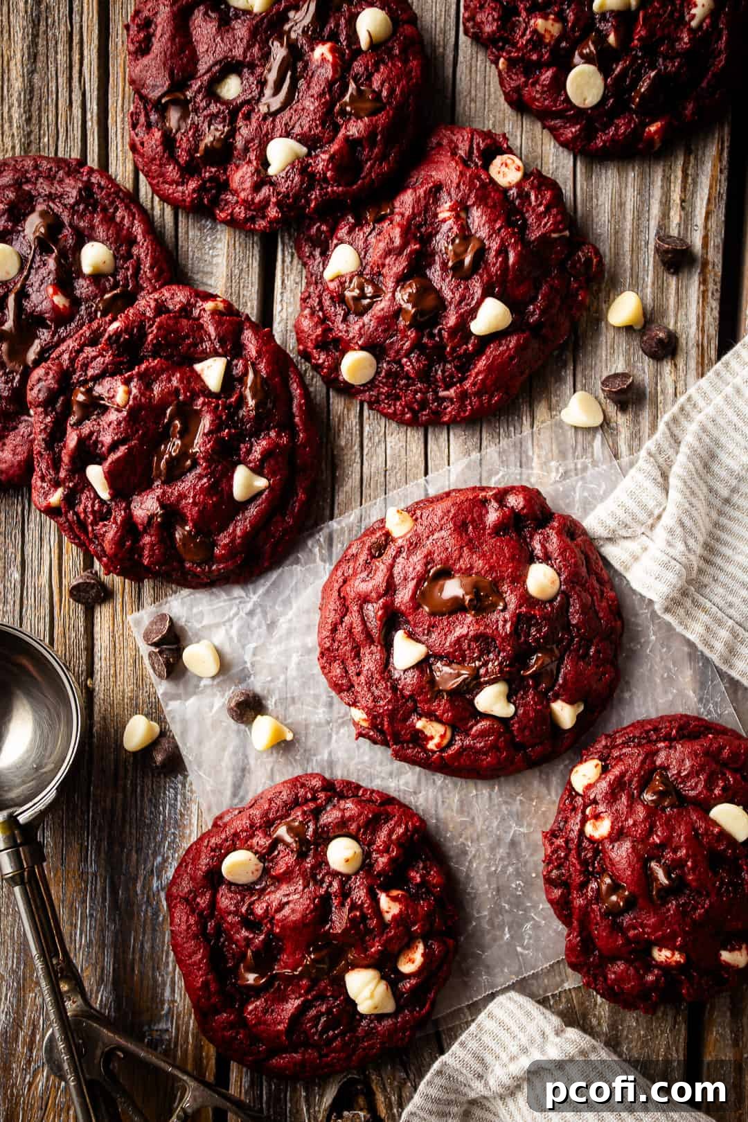 A stunning collection of red velvet cookies adorned with both white and dark chocolate chips, beautifully arranged on a distressed wooden surface, accompanied by a vintage ice cream scoop for a touch of rustic charm.
