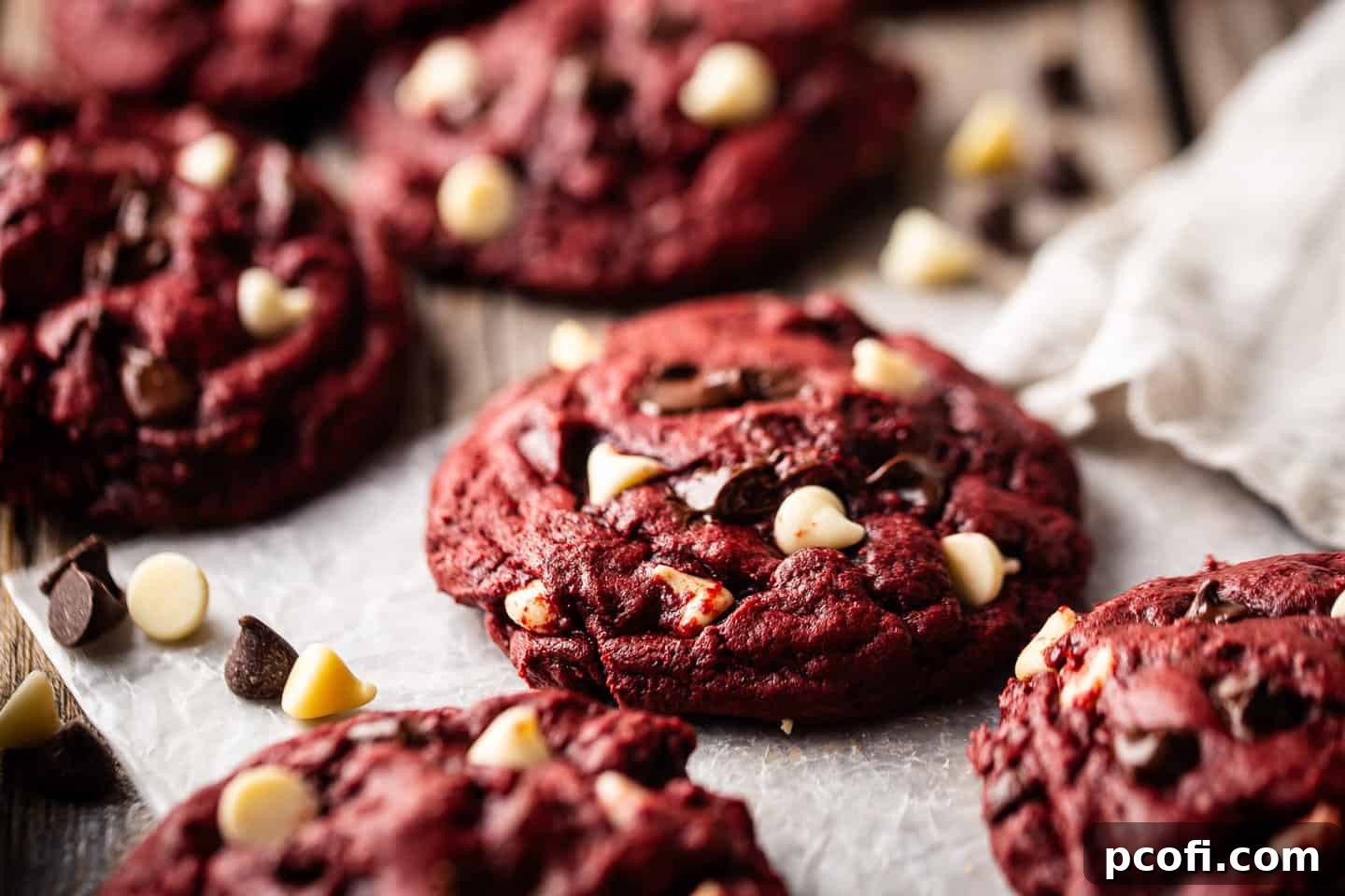 Close-up of vibrant red velvet chocolate chip cookies featuring a delicious mix of white and semisweet chocolate chips, showcasing their irresistible texture.