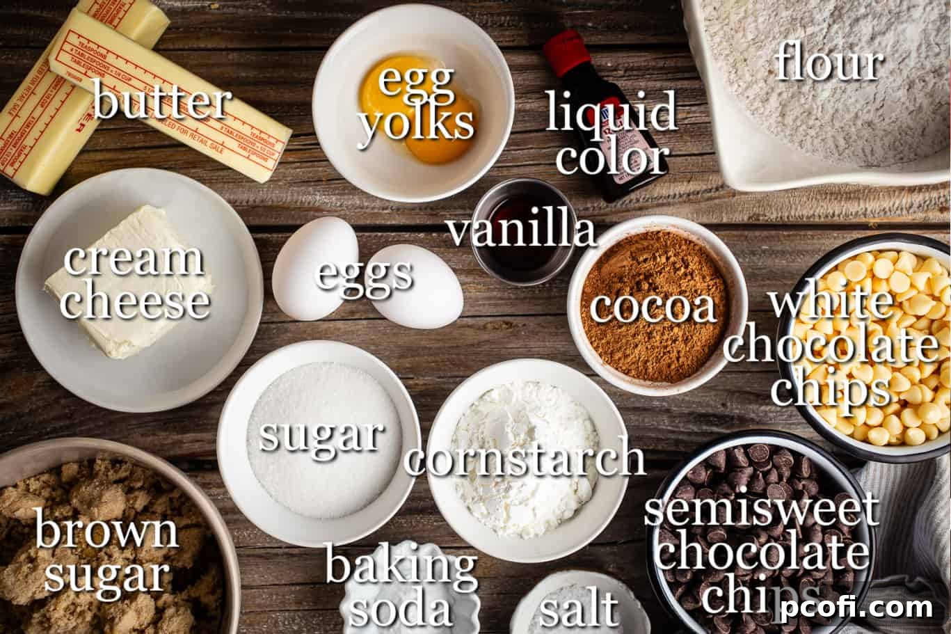 Precisely measured ingredients for making luscious red velvet chocolate chip cookies, each clearly labeled for easy identification.