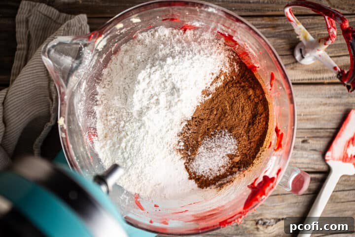 The addition of dry ingredients such as flour, cocoa, cornstarch, baking soda, and salt to the vibrant red velvet cookie dough.