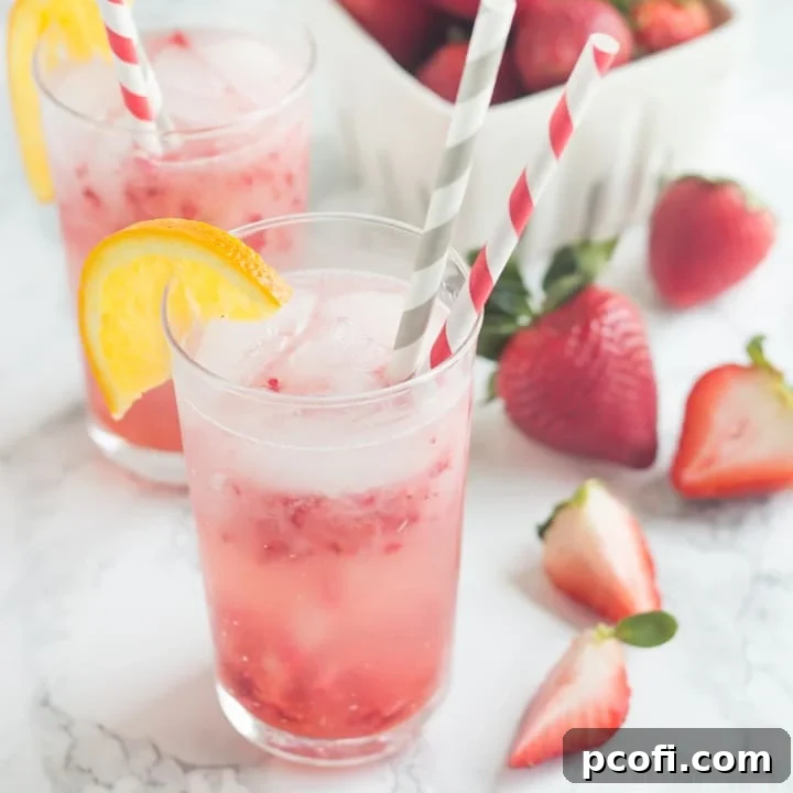 A tall glass of vibrant Strawberry Orange Blossom Sparkler garnished with fresh strawberries and mint.