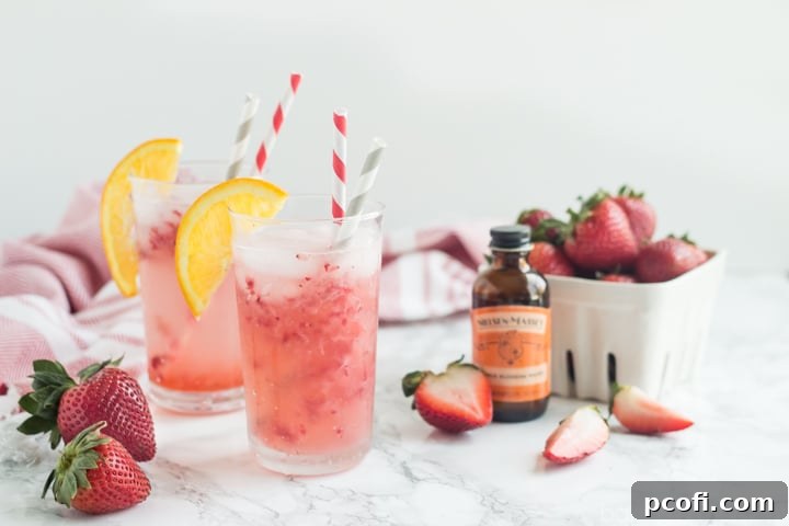A hand holding a glass of Strawberry Orange Blossom Sparkler, ready to be enjoyed.