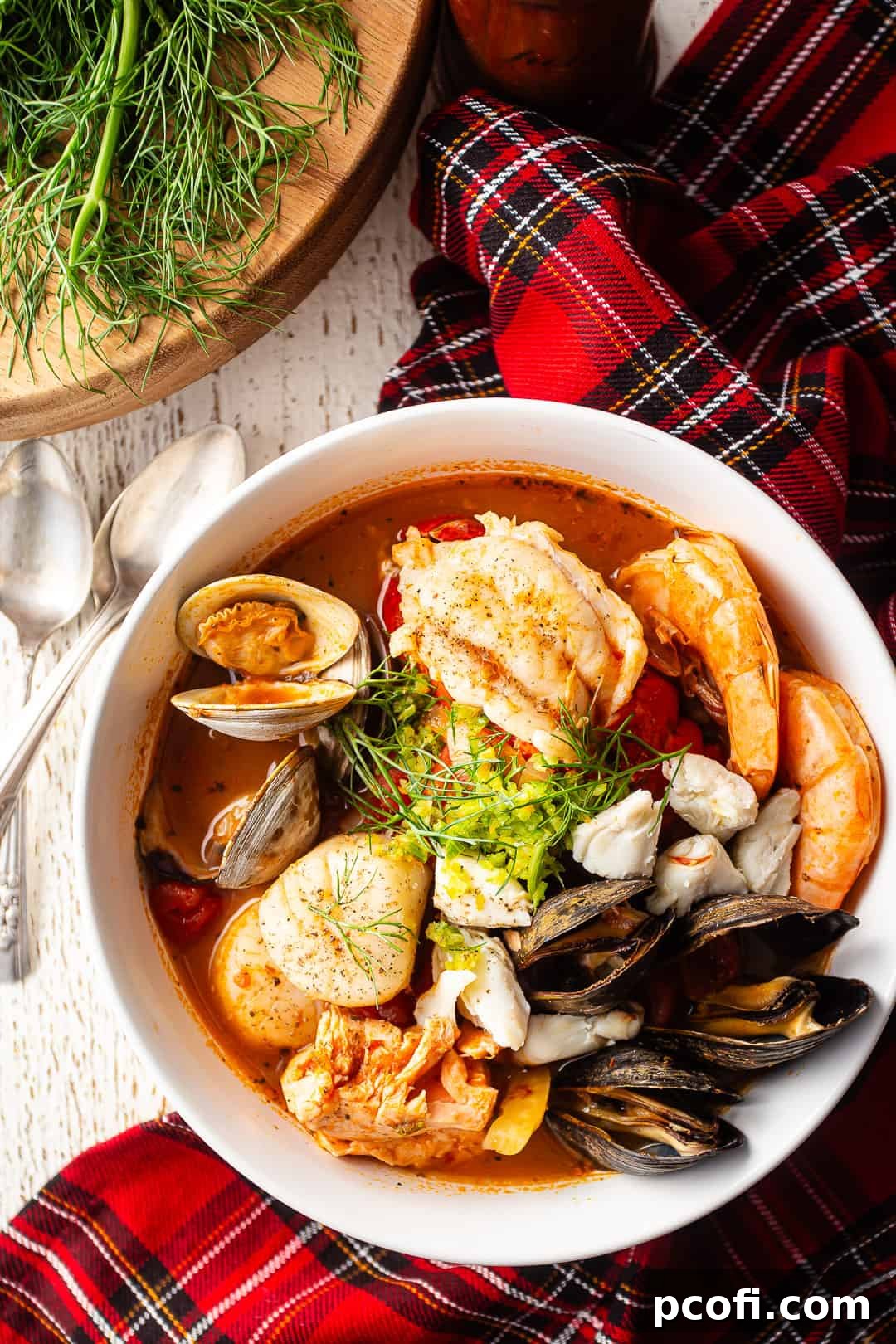 Seafood cioppino with fennel and tomato broth.