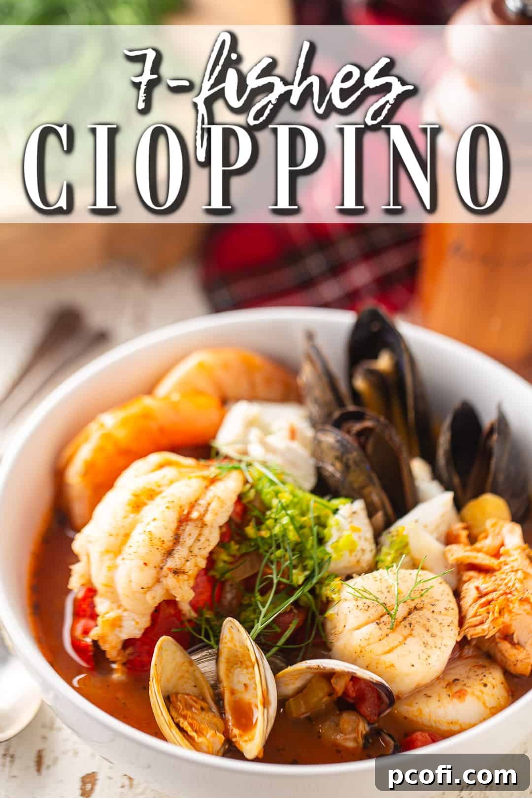 Cioppino recipe, prepared and served in a white bowl with a red plaid napkin.