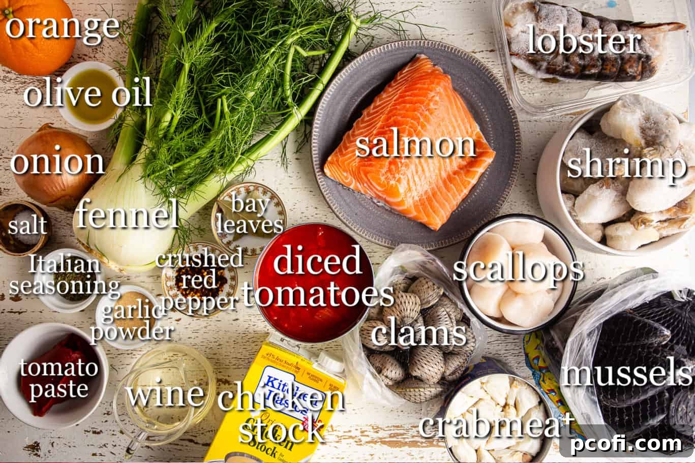 Ingredients for making cioppino, with text labels.